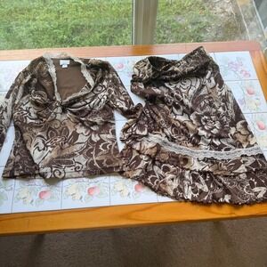 Vintage Women's Floral Cottagecore Midi 2pc Skirt Set Brown Bloomcore